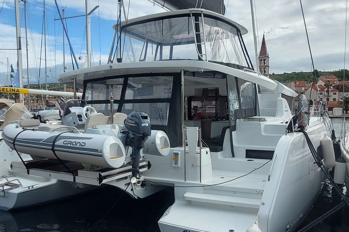 Exterior view of Changes, a Lagoon 46 catamaran at Dubrovnik, Croatia