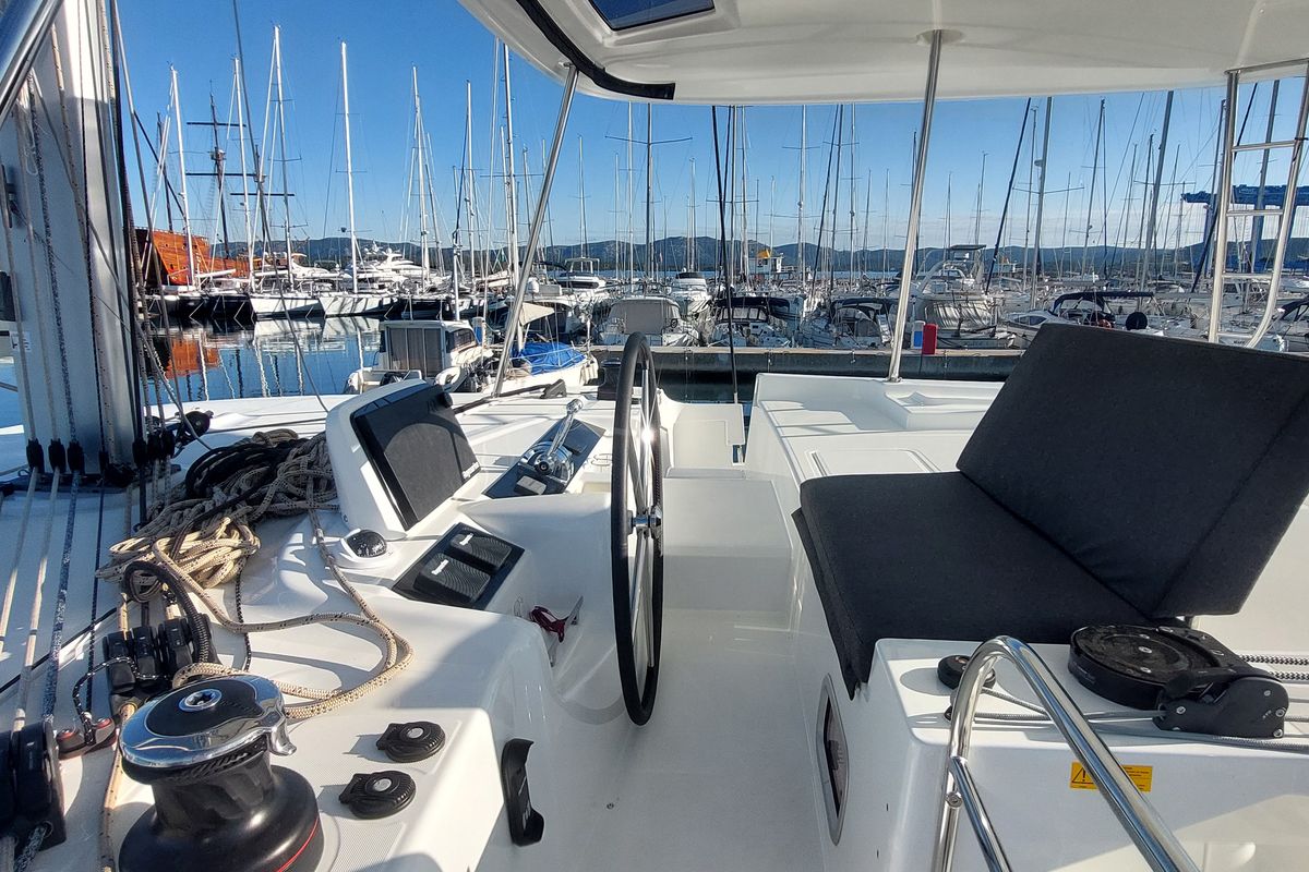 Cockpit of Changes, a Lagoon 46 catamaran at Dubrovnik, Croatia