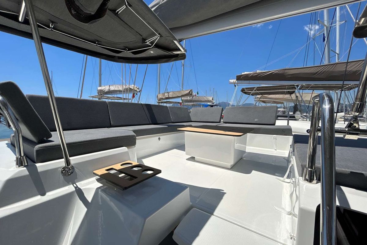 Salon of Krug, a Fountaine Pajot Elba 45 catamaran at Salerno, Italy