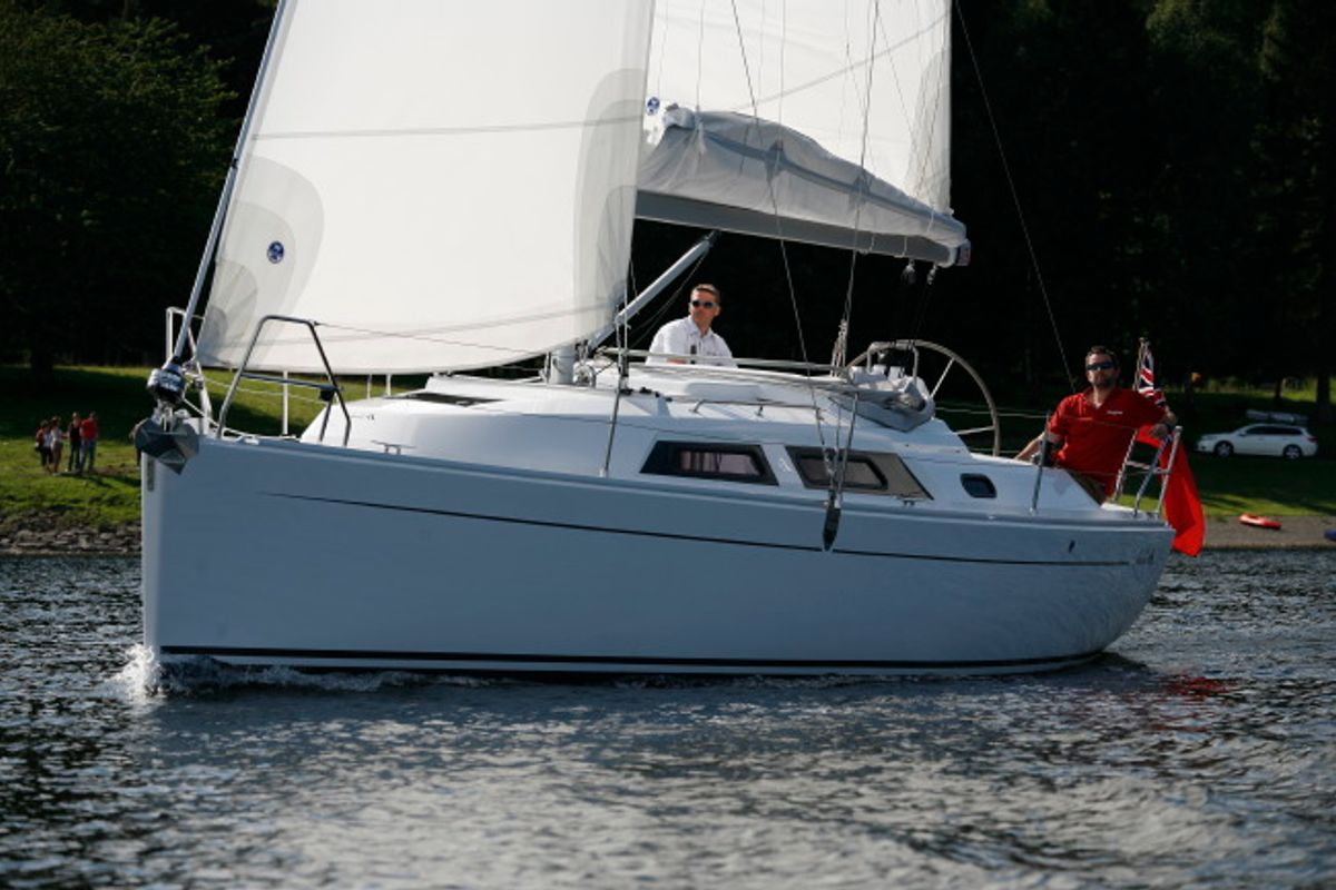 Exterior view of Selini, a Hanse Yachts Hanse 325 sailboat at Athens, Greece