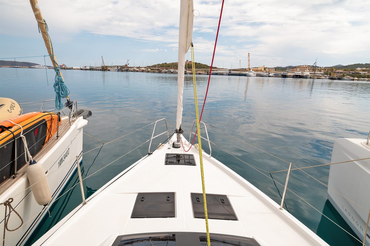 Deck of One Heart, a Dufour 44 sailboat at Preveza, Greece