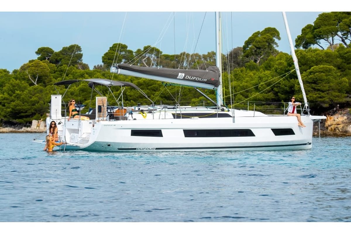 Exterior view of One Heart, a Dufour 44 sailboat at Preveza, Greece