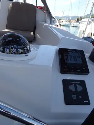 Cockpit of Vacskamati, a Jeanneau Sun Odyssey 389 sailboat at Grad Kaštela, Croatia