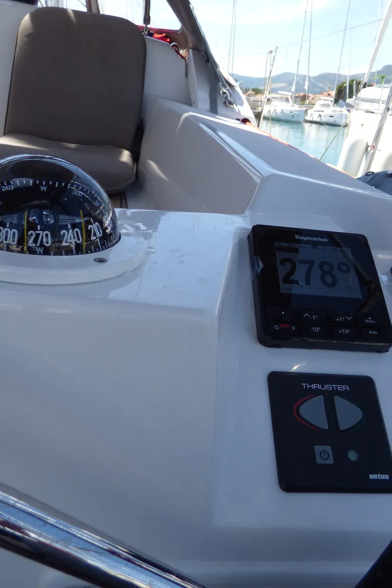 Cockpit of Vacskamati, a Jeanneau Sun Odyssey 389 sailboat at Grad Kaštela, Croatia