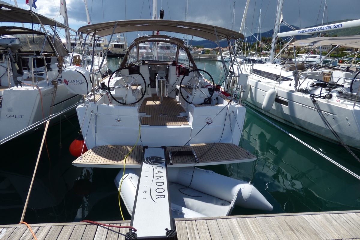 Exterior view of Vacskamati, a Jeanneau Sun Odyssey 389 sailboat at Grad Kaštela, Croatia