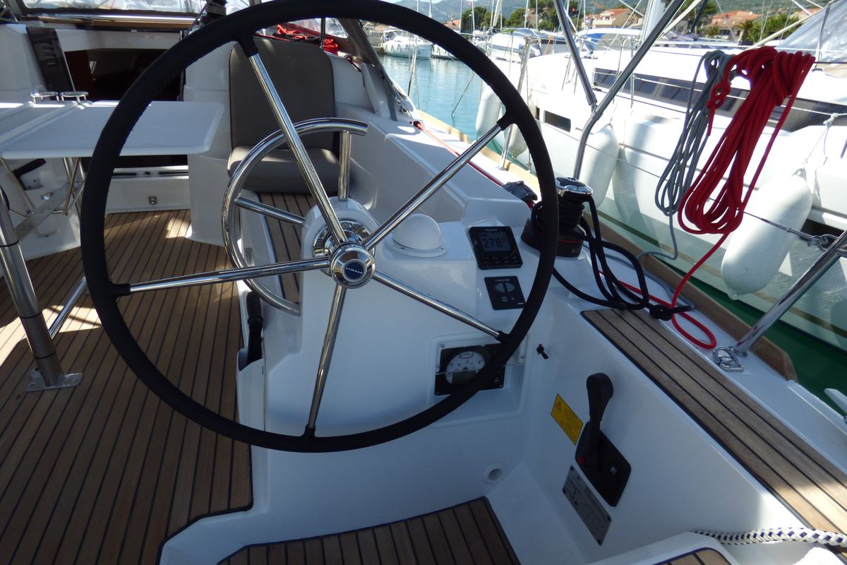 Cockpit of Vacskamati, a Jeanneau Sun Odyssey 389 sailboat at Grad Kaštela, Croatia