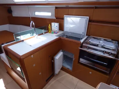 Galley of Vacskamati, a Jeanneau Sun Odyssey 389 sailboat at Grad Kaštela, Croatia