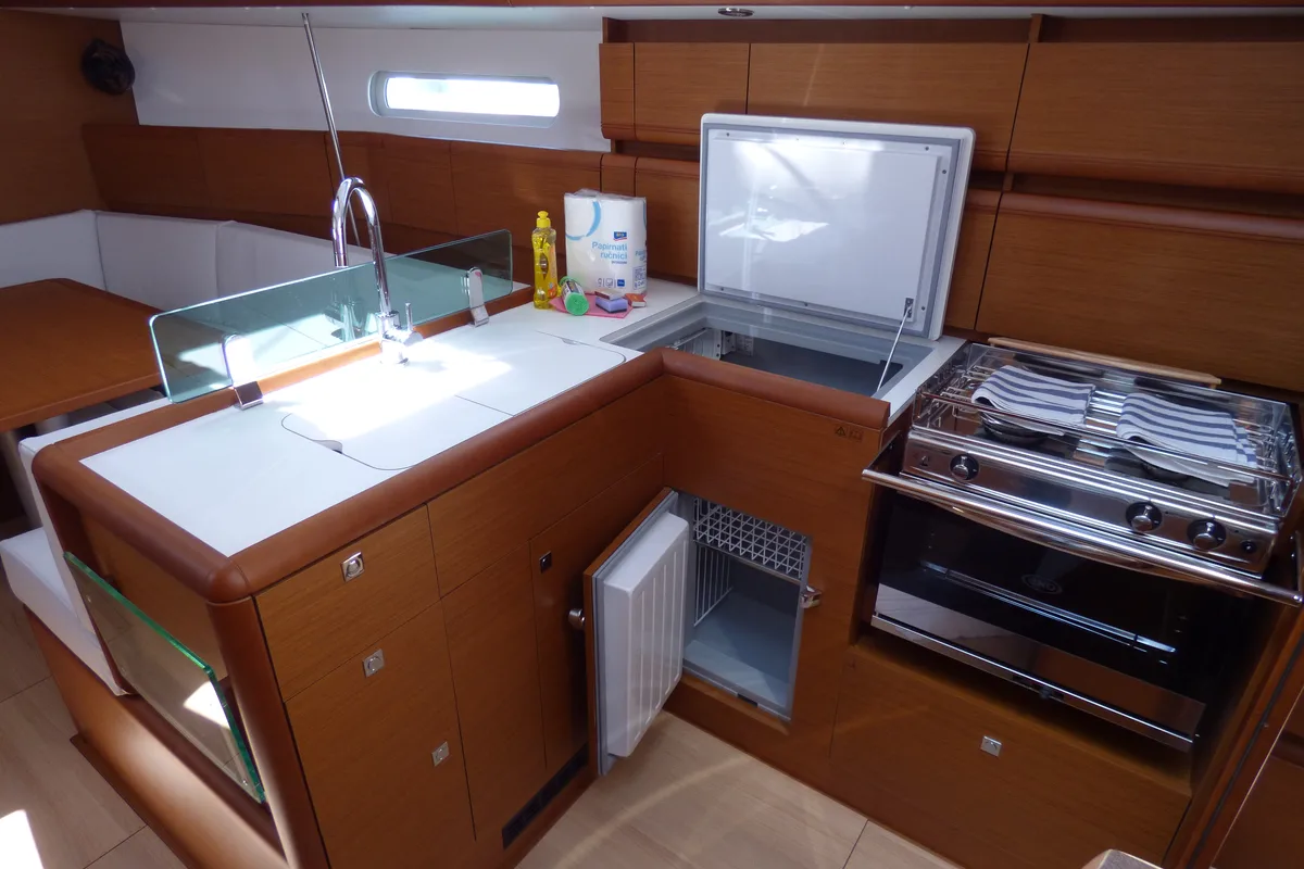 Galley of Vacskamati, a Jeanneau Sun Odyssey 389 sailboat at Grad Kaštela, Croatia