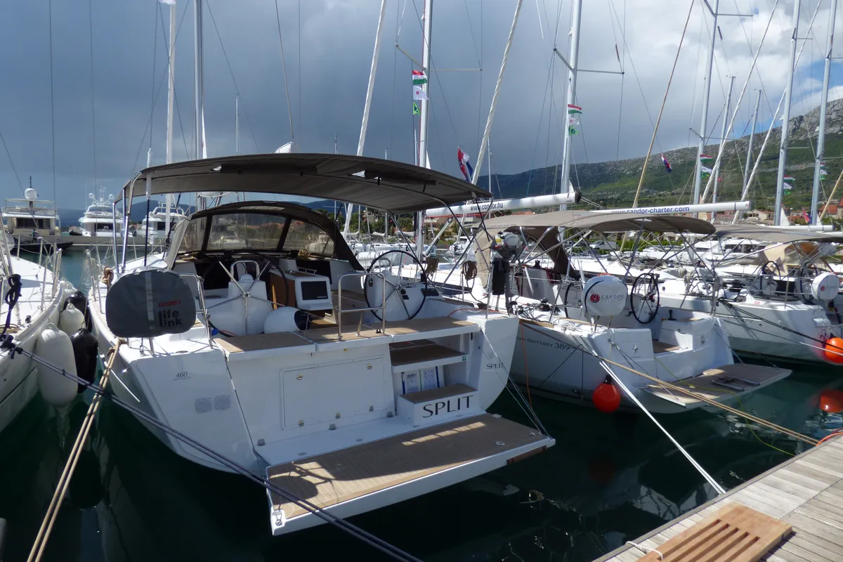 Exterior view of Vacskamati, a Jeanneau Sun Odyssey 389 sailboat at Grad Kaštela, Croatia