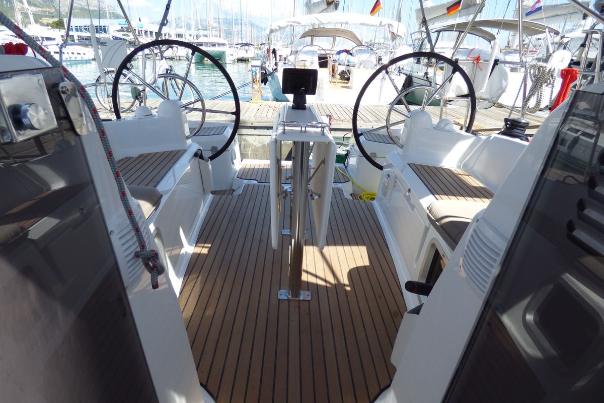 Cockpit of Vacskamati, a Jeanneau Sun Odyssey 389 sailboat at Grad Kaštela, Croatia