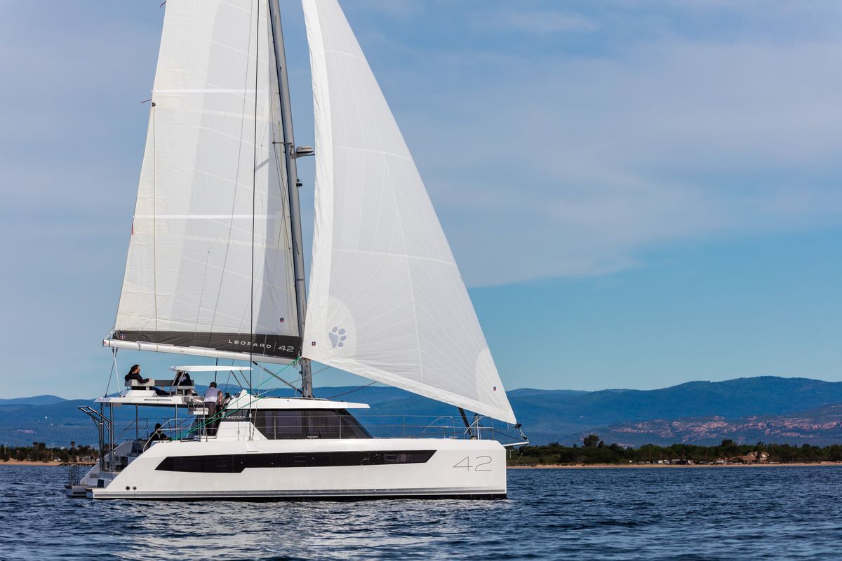 Exterior view of Freedom, a Leopard 42 catamaran at Ventimiglia, Italy