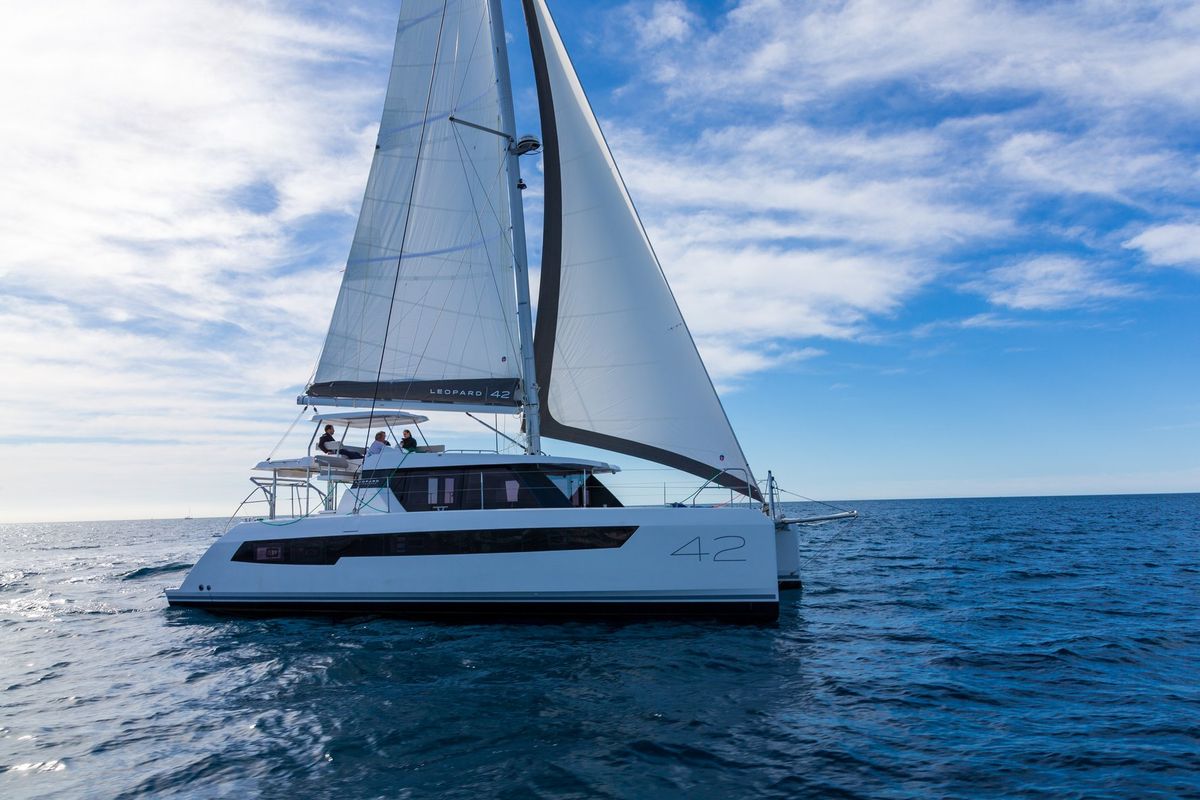 Exterior view of Freedom, a Leopard 42 catamaran at Ventimiglia, Italy
