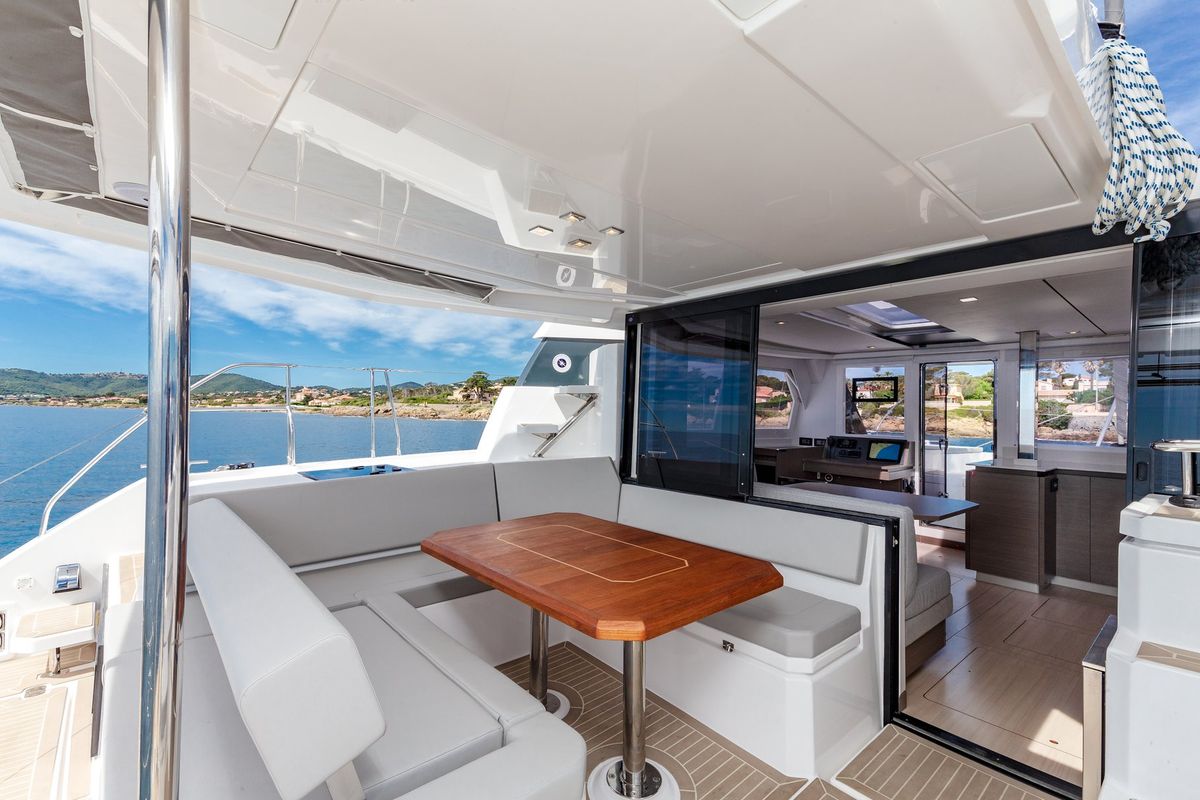 Deck of Freedom, a Leopard 42 catamaran at Ventimiglia, Italy