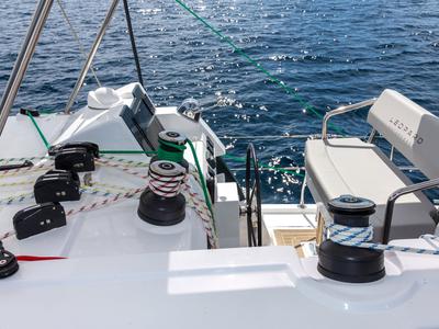 Cockpit of Freedom, a Leopard 42 catamaran at Ventimiglia, Italy