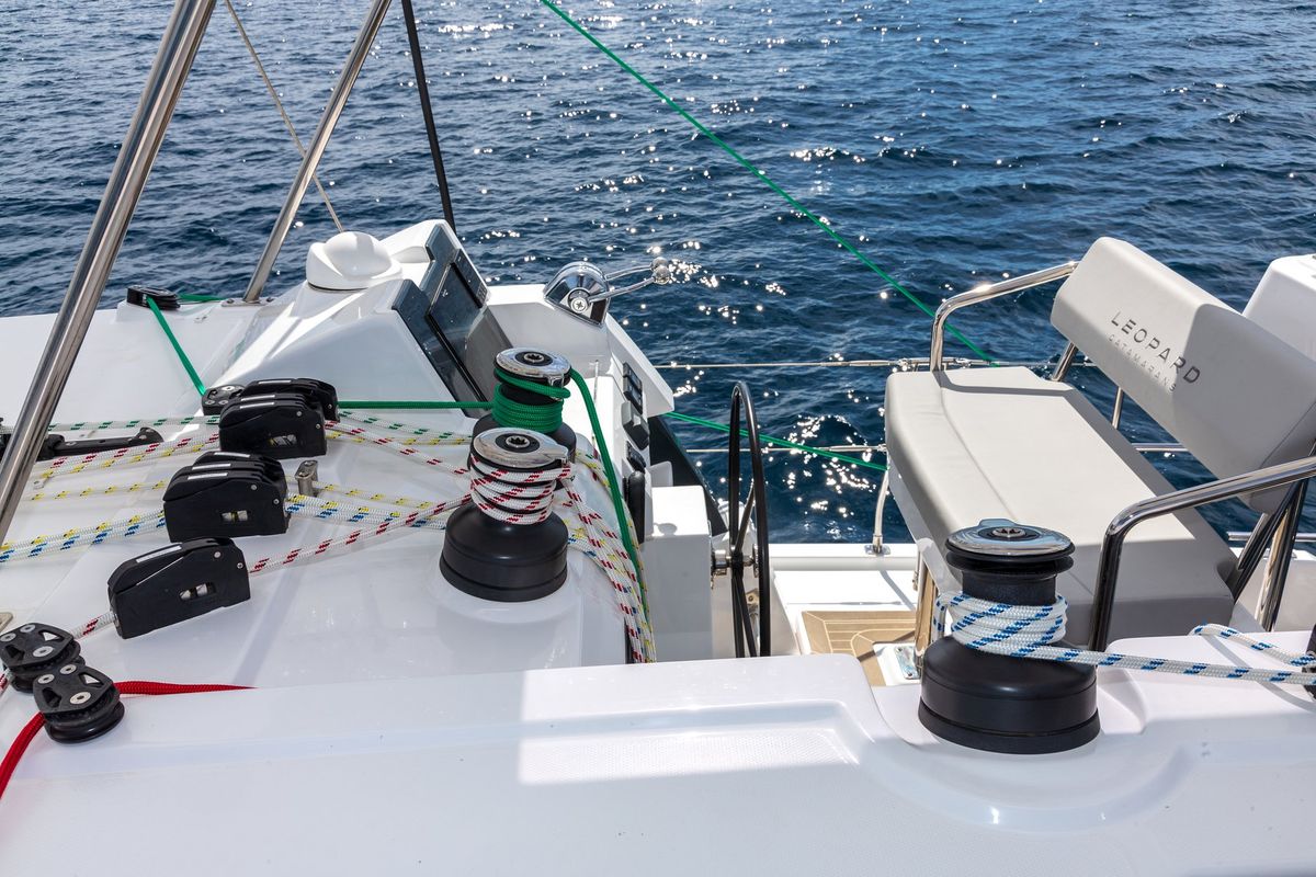 Cockpit of Freedom, a Leopard 42 catamaran at Ventimiglia, Italy