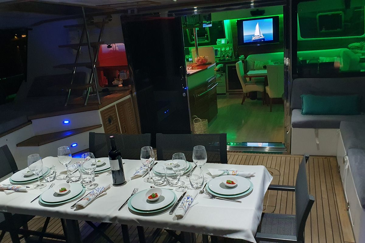 Deck of SUNNYACHT, a Sunreef Yachts Sunreef 62 catamaran at Olbia, Italy