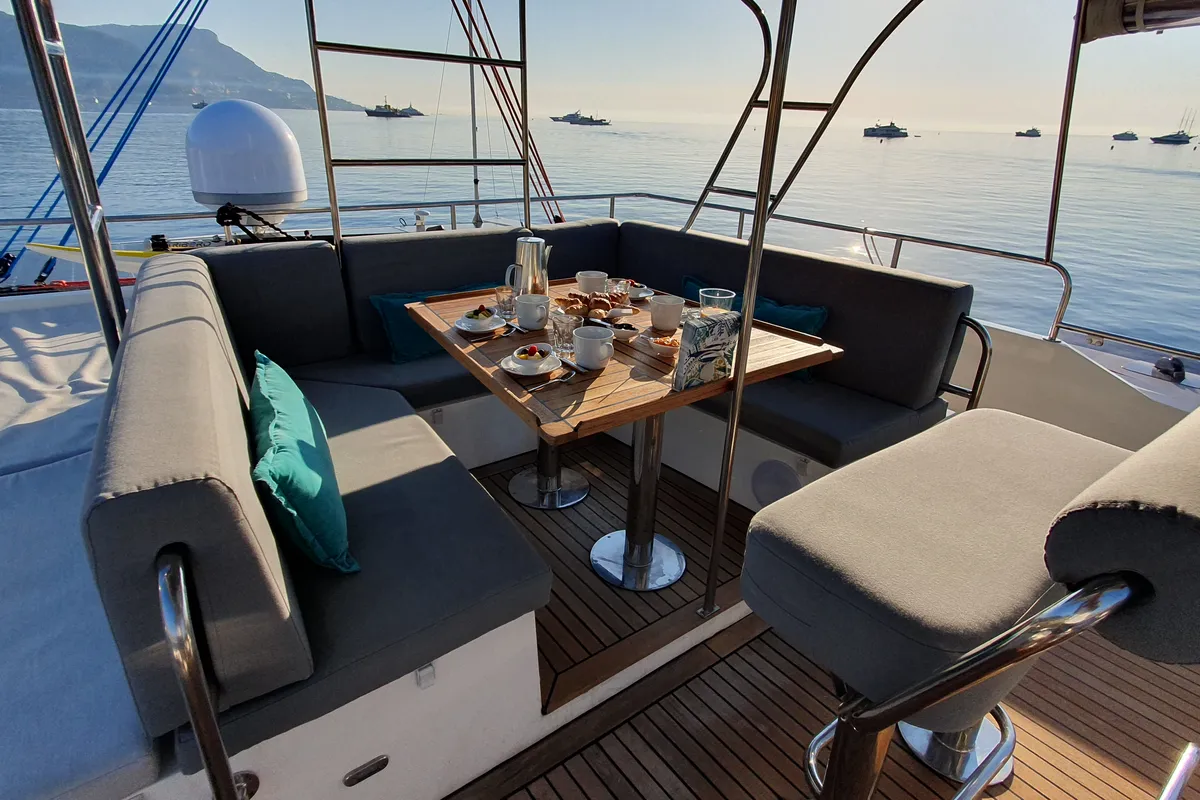 Deck of SUNNYACHT, a Sunreef Yachts Sunreef 62 catamaran at Olbia, Italy