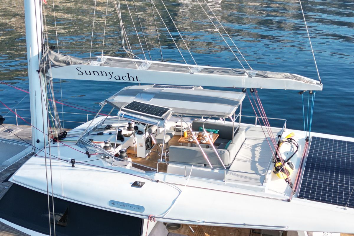 Deck of SUNNYACHT, a Sunreef Yachts Sunreef 62 catamaran at Olbia, Italy