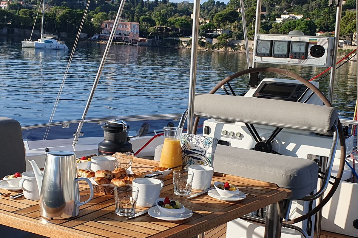 Cockpit of SUNNYACHT, a Sunreef Yachts Sunreef 62 catamaran at Olbia, Italy