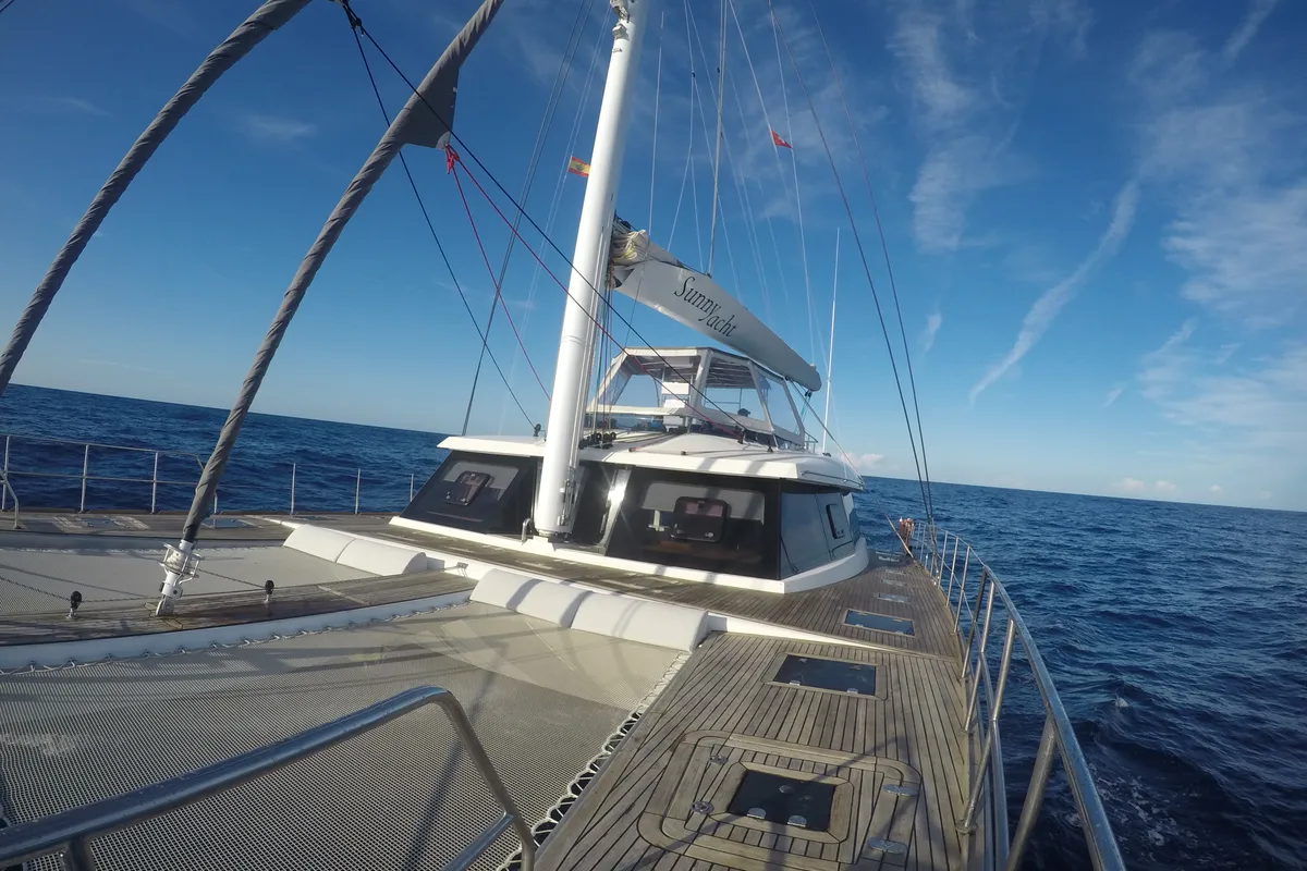 Deck of SUNNYACHT, a Sunreef Yachts Sunreef 62 catamaran at Olbia, Italy