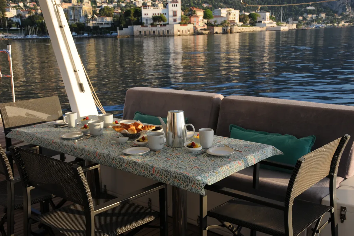 Deck of SUNNYACHT, a Sunreef Yachts Sunreef 62 catamaran at Olbia, Italy