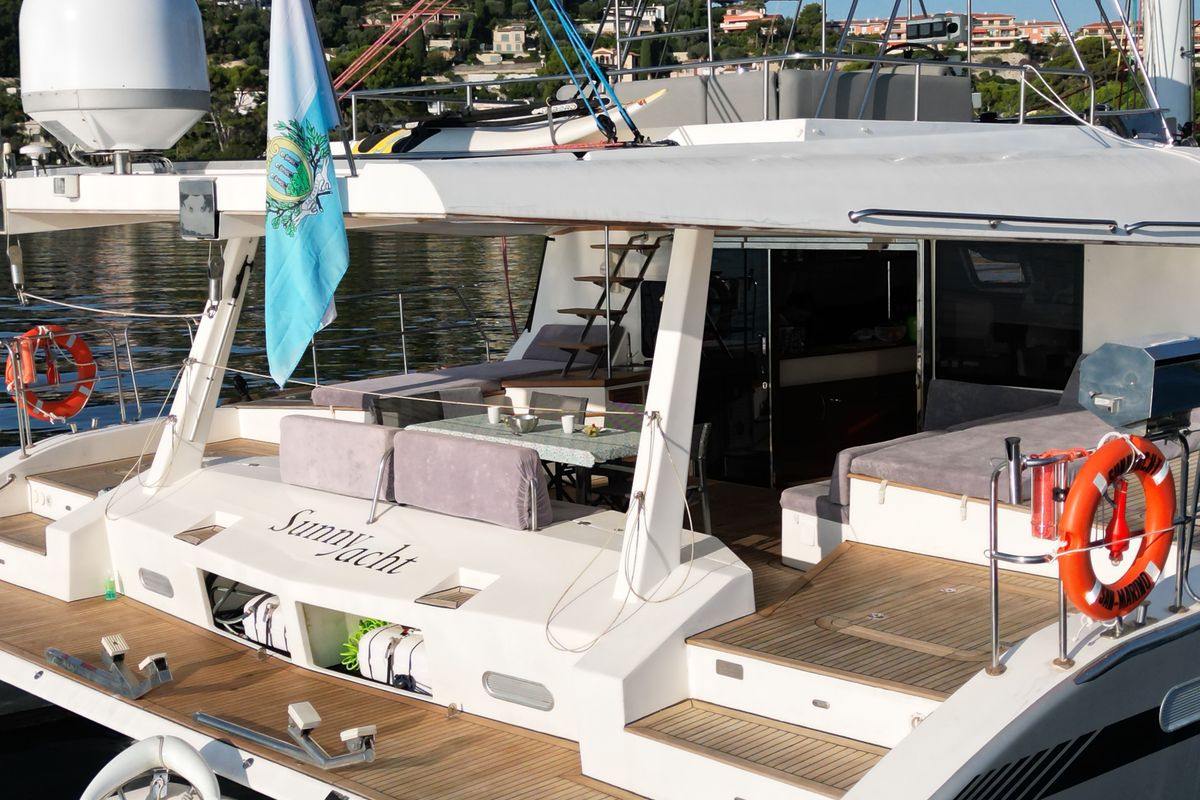 Deck of SUNNYACHT, a Sunreef Yachts Sunreef 62 catamaran at Olbia, Italy