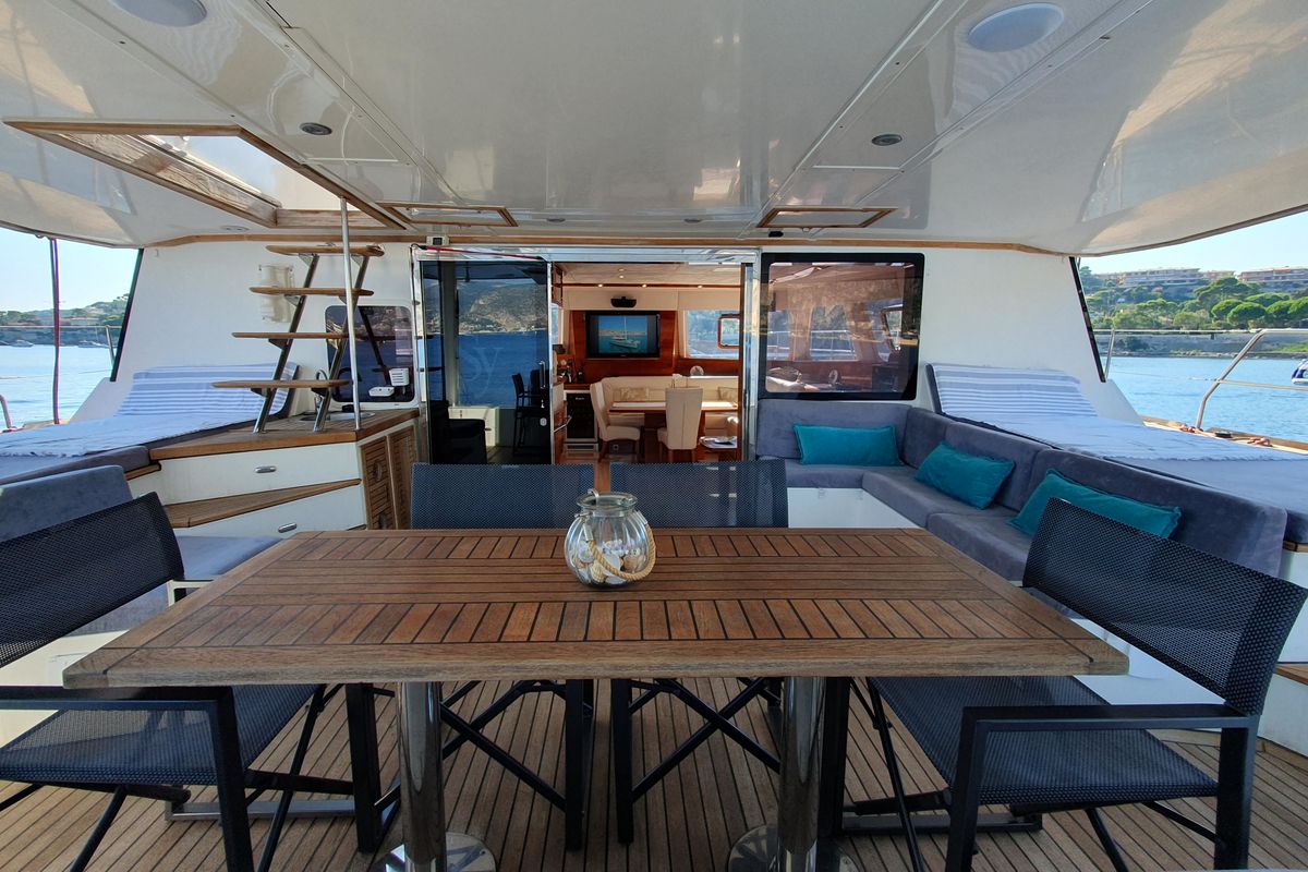 Deck of SUNNYACHT, a Sunreef Yachts Sunreef 62 catamaran at Olbia, Italy