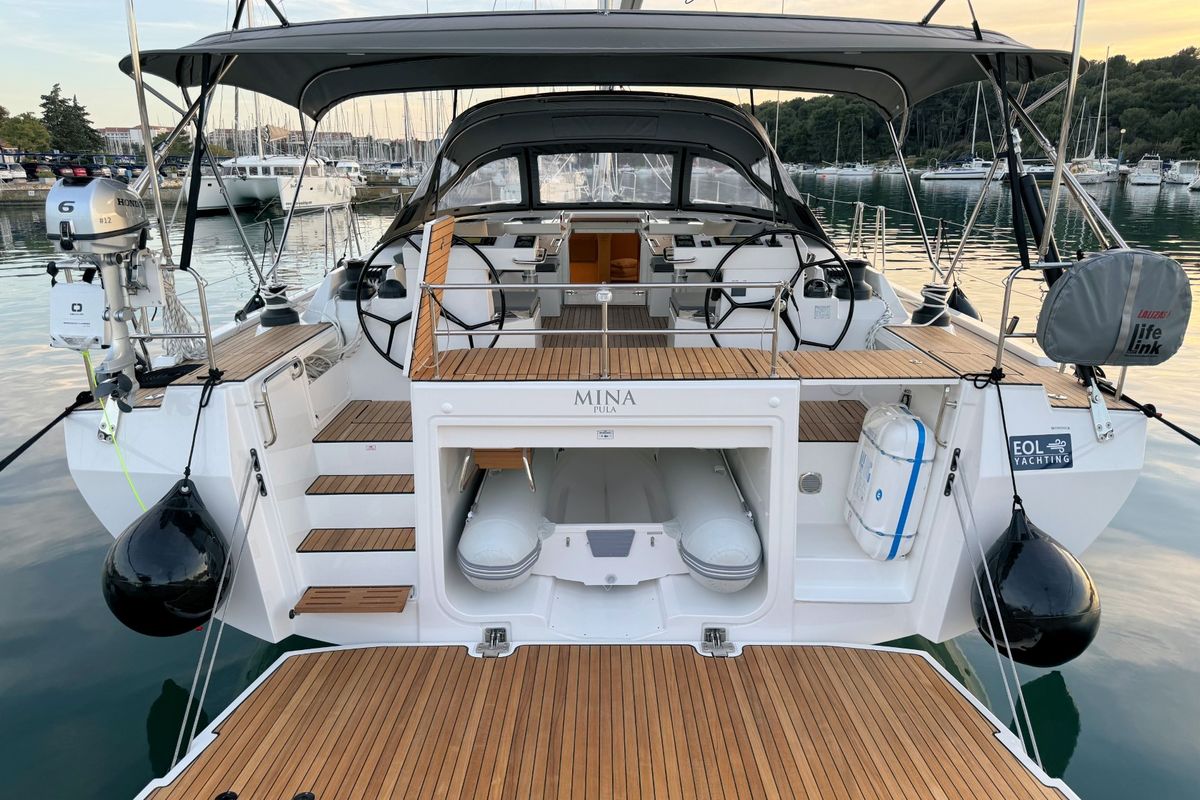 Exterior view of Mina, a Bavaria C57 Style sailboat at Grad Pula, Croatia