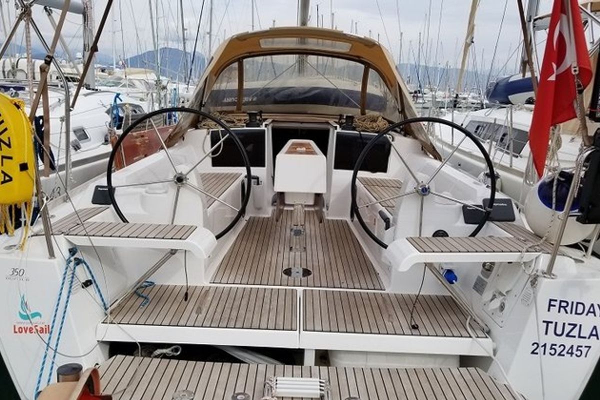 Cockpit of Friday, a Dufour 350 GL sailboat at Fethiye, Turkey