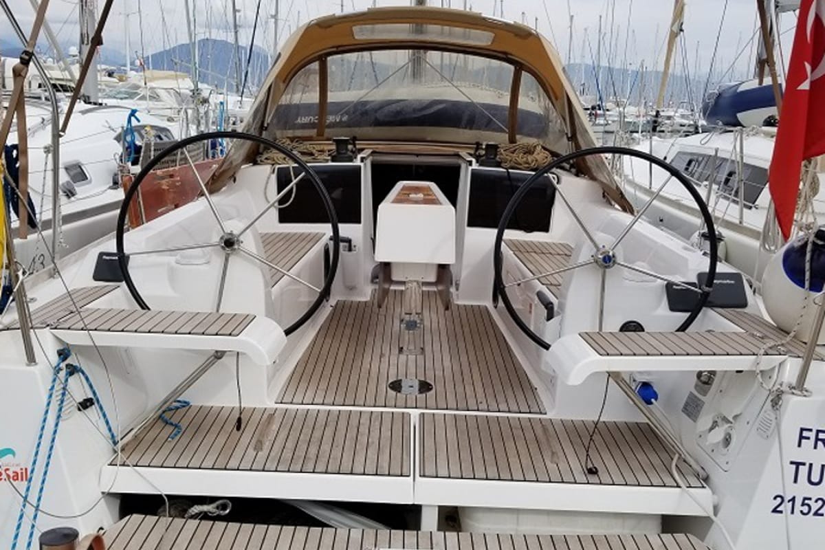 Cockpit of Friday, a Dufour 350 GL sailboat at Fethiye, Turkey
