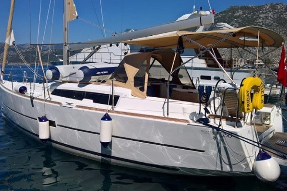 Exterior view of Friday, a Dufour 350 GL sailboat at Fethiye, Turkey