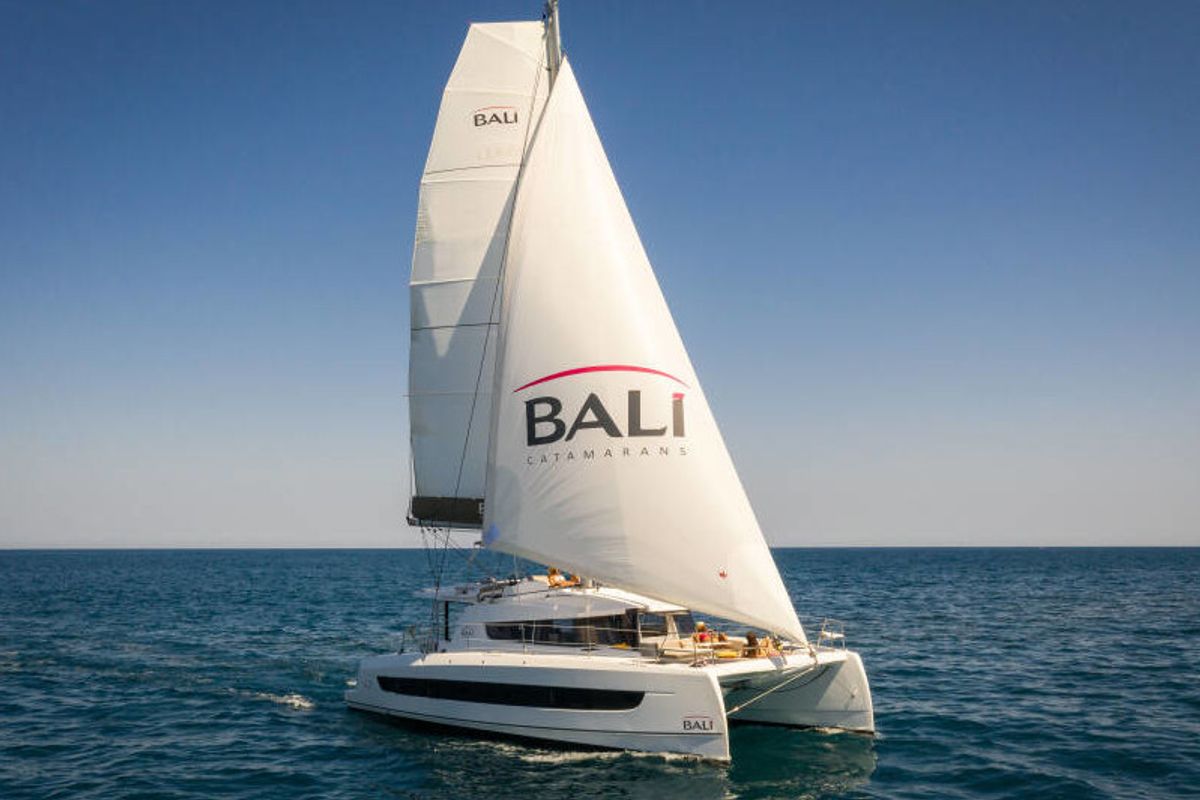Exterior view of Premium, a Bali 4.2 catamaran at Hora Sfakion, Greece