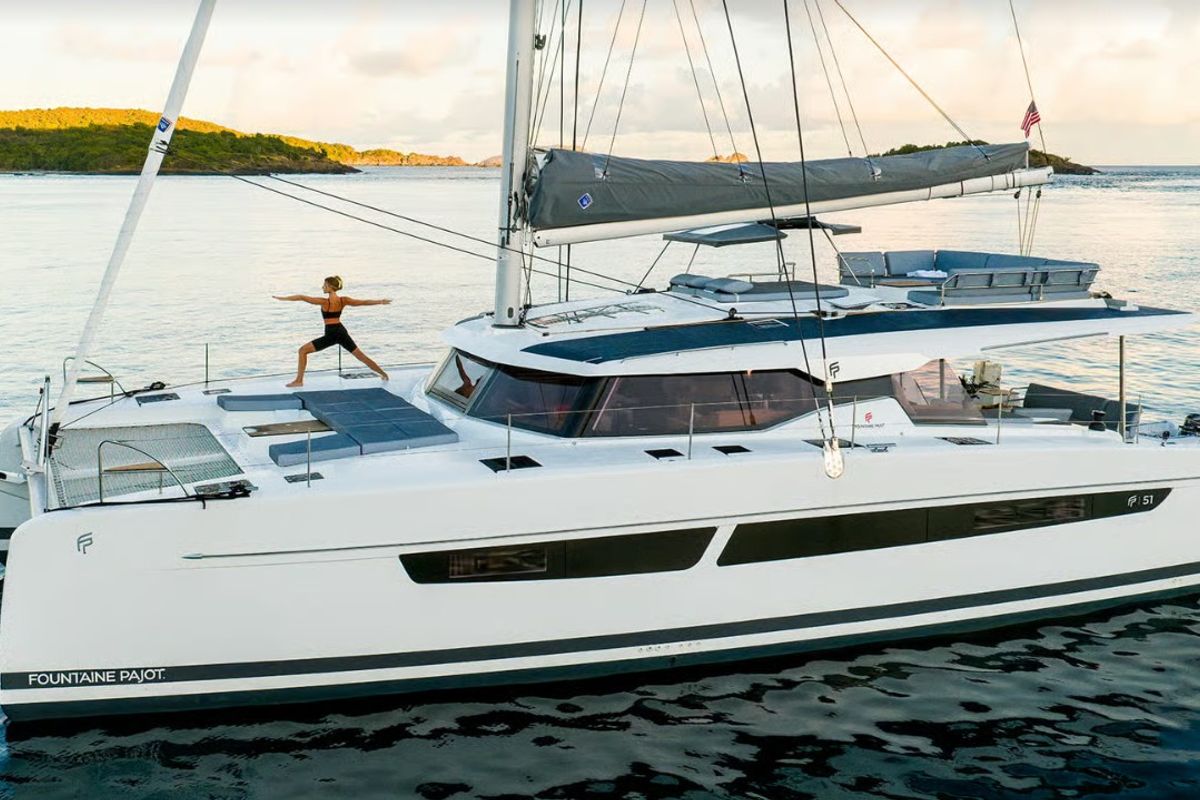 Exterior view of MyWay, a Fountaine Pajot FP 51 catamaran at Cogolin, France