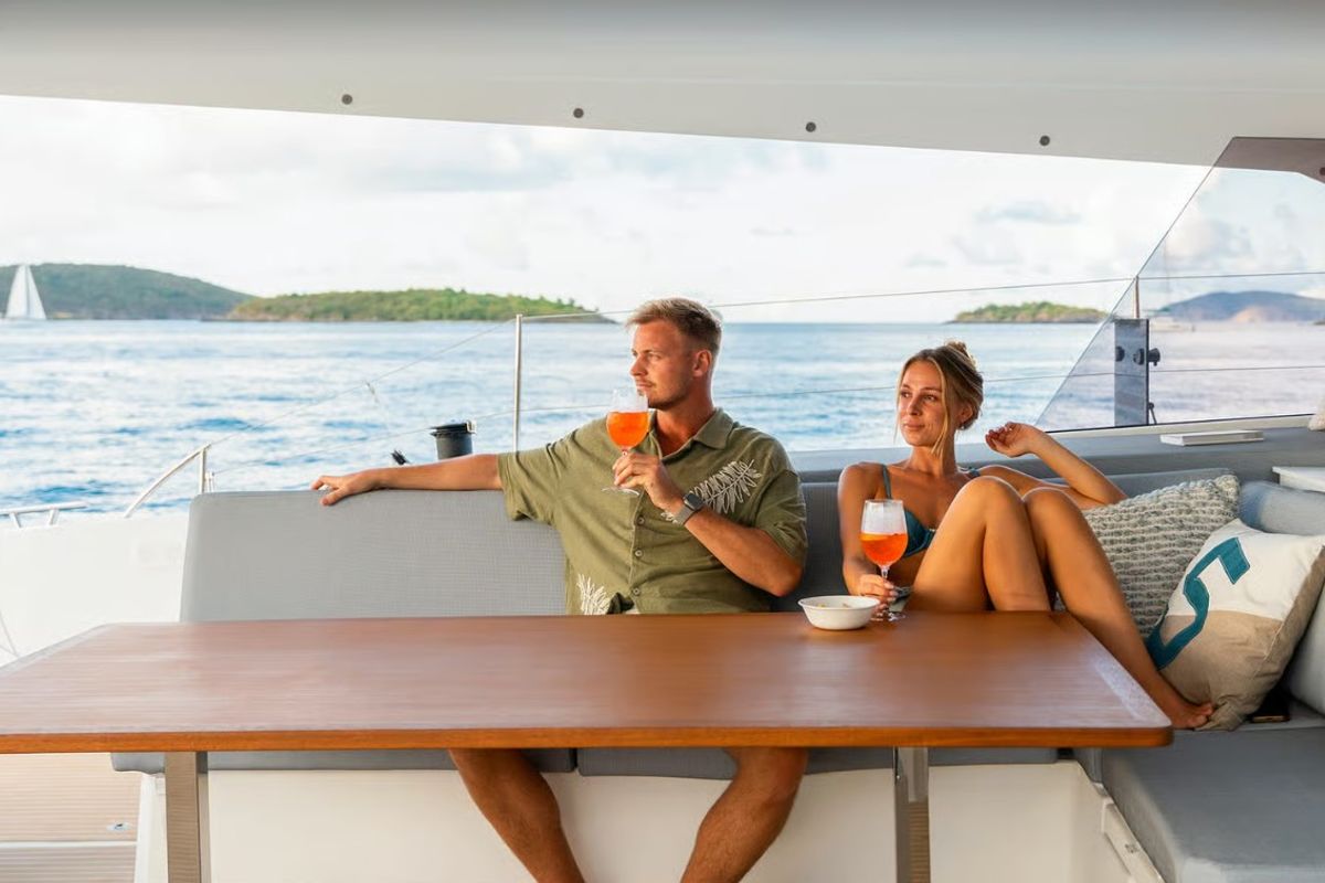 Deck of MyWay, a Fountaine Pajot FP 51 catamaran at Cogolin, France