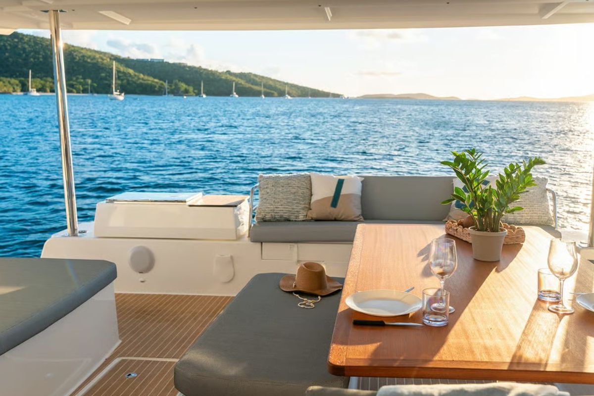 Deck of MyWay, a Fountaine Pajot FP 51 catamaran at Cogolin, France