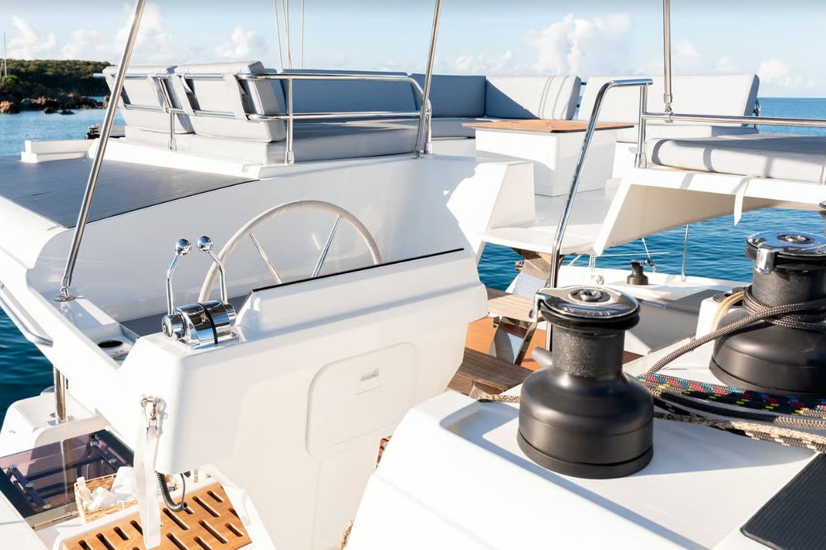 Deck of MyWay, a Fountaine Pajot FP 51 catamaran at Cogolin, France