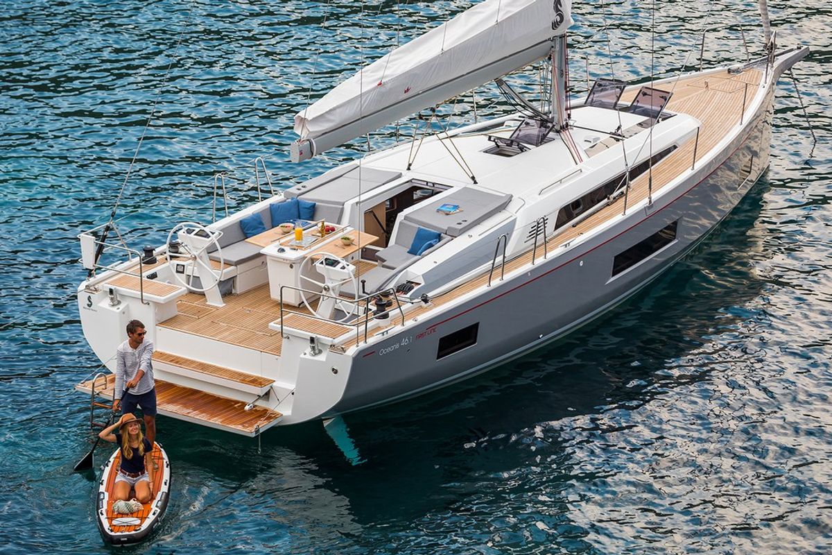 Exterior view of Maracuya, a Beneteau Oceanis 46.1 sailboat at Cala Egos, Spain