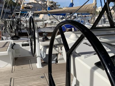 Cockpit of Maracuya, a Beneteau Oceanis 46.1 sailboat at Cala Egos, Spain