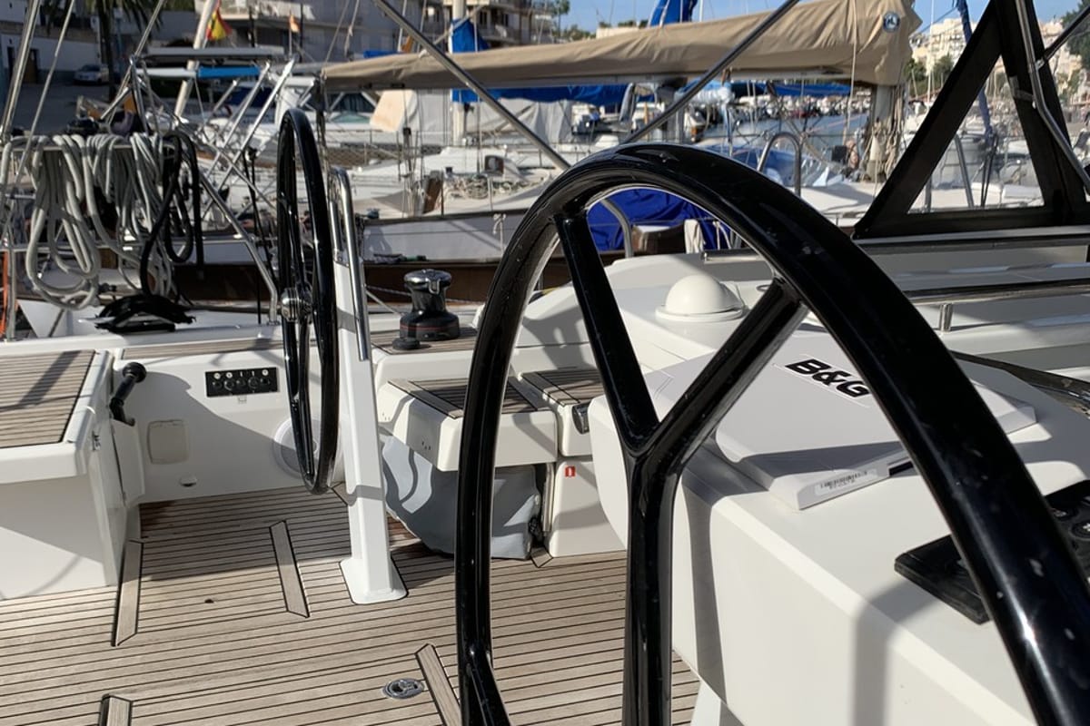 Cockpit of Maracuya, a Beneteau Oceanis 46.1 sailboat at Cala Egos, Spain
