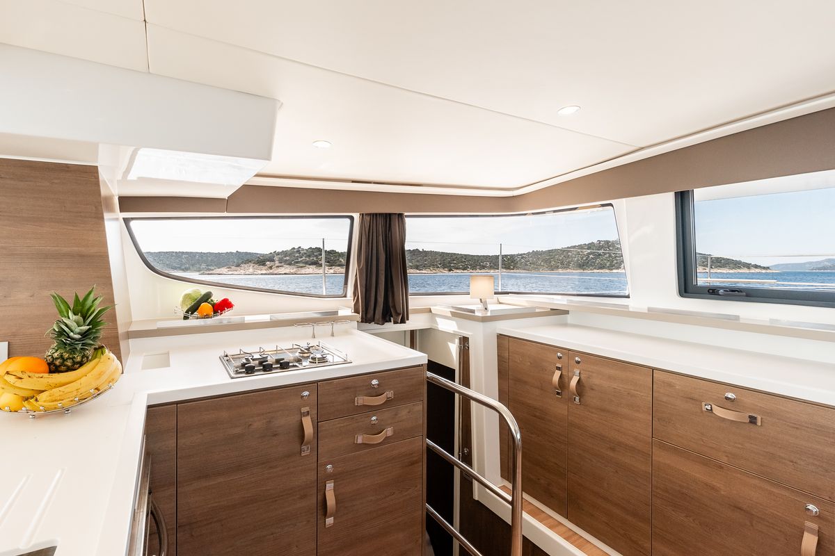 Deck of Optimus, a Bali 4.6 catamaran at Grad Šibenik, Croatia