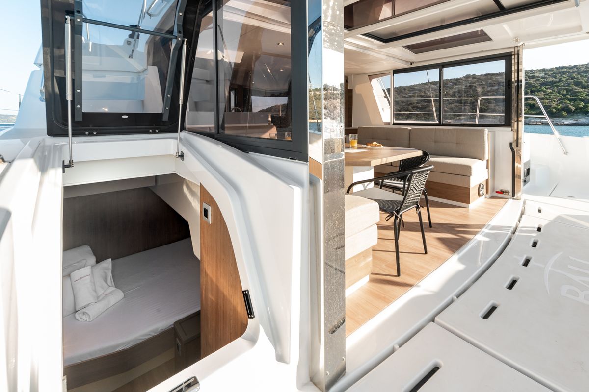 Salon of Optimus, a Bali 4.6 catamaran at Grad Šibenik, Croatia
