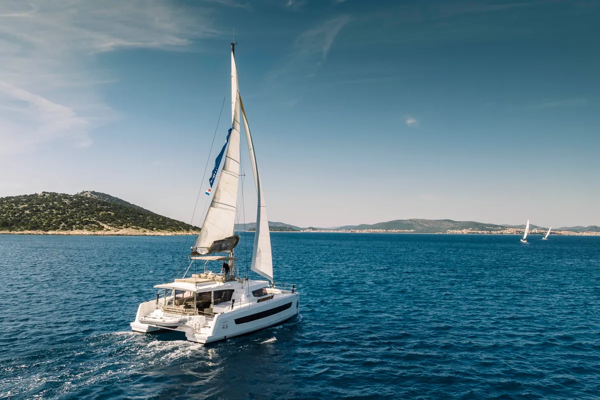 Exterior view of Optimus, a Bali 4.6 catamaran at Grad Šibenik, Croatia