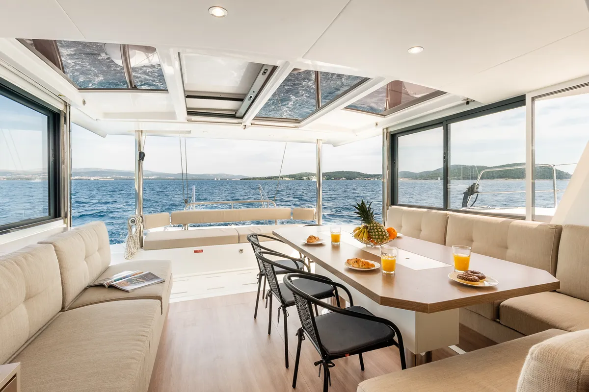 Deck of Optimus, a Bali 4.6 catamaran at Grad Šibenik, Croatia