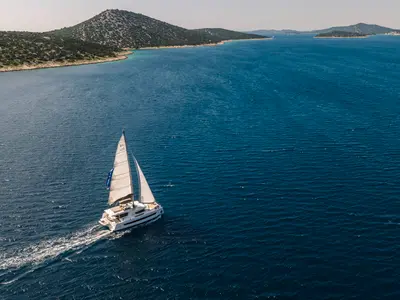 Salon of Optimus, a Bali 4.6 catamaran at Grad Šibenik, Croatia