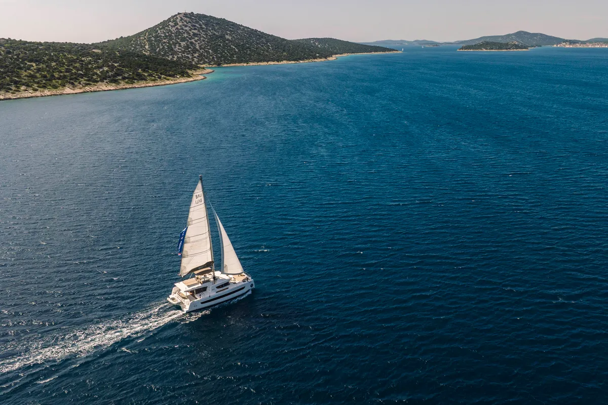 Salon of Optimus, a Bali 4.6 catamaran at Grad Šibenik, Croatia