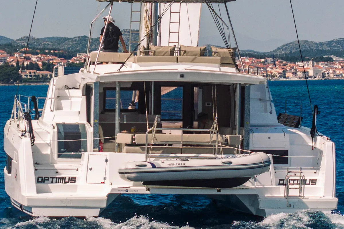 Exterior view of Optimus, a Bali 4.6 catamaran at Grad Šibenik, Croatia