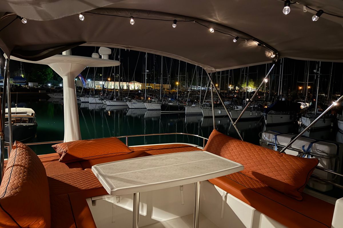 Exterior view of Monteki, a Lagoon Power 44 catamaran at Općina Funtana, Croatia