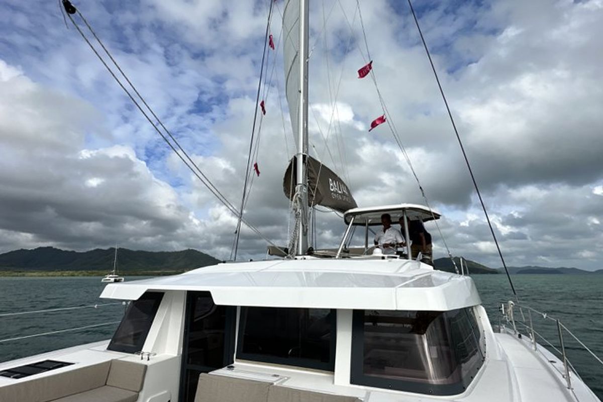 Deck of Belle Isle, a Bali 4.4 catamaran at Mai Khao, Thailand