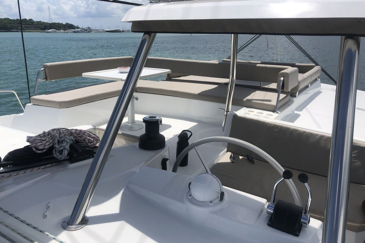 Cockpit of Belle Isle, a Bali 4.4 catamaran at Mai Khao, Thailand