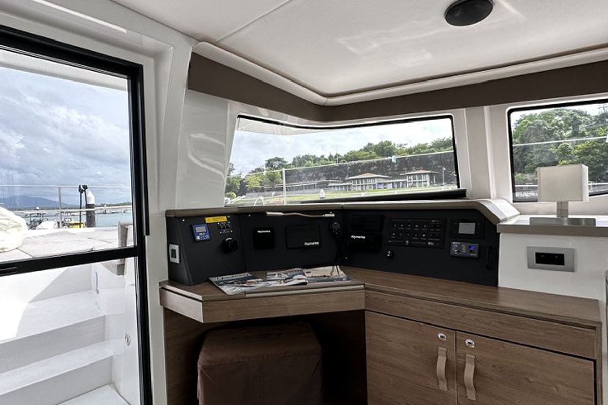 Cockpit of Belle Isle, a Bali 4.4 catamaran at Mai Khao, Thailand